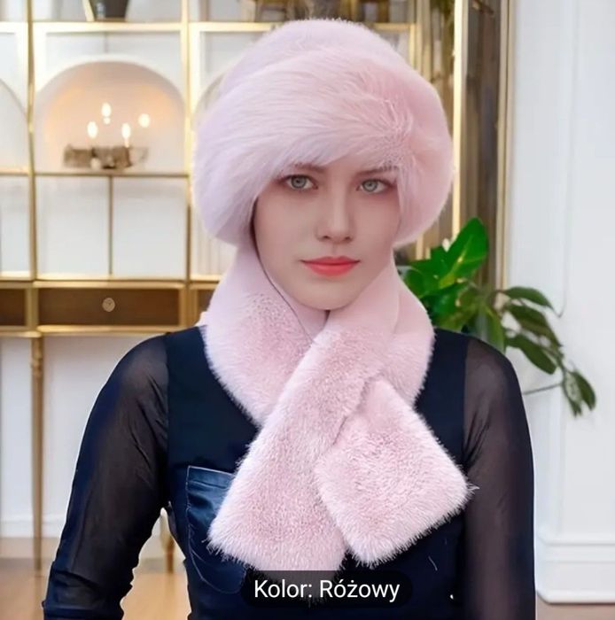 Komplet czapka i szalik futerko pudrowy róż