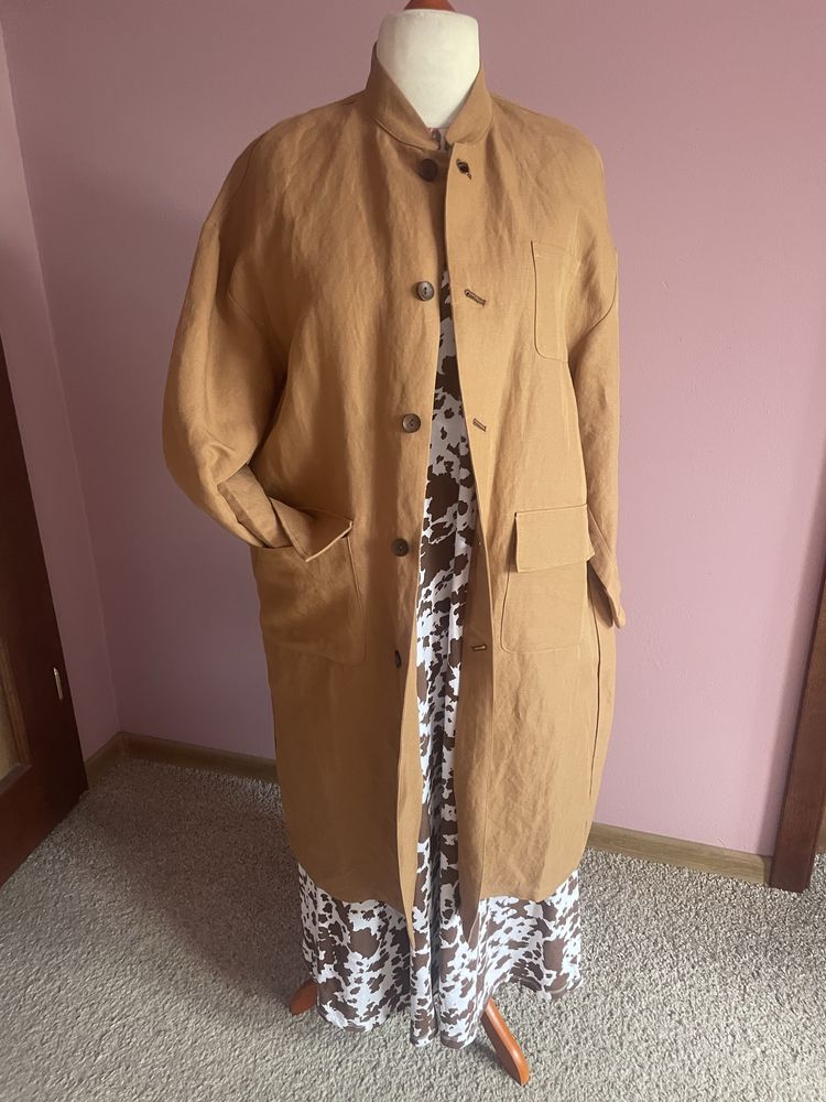Kamelowy lniany plaszcz oversize WENDY TRENDY 42/44/46/46
