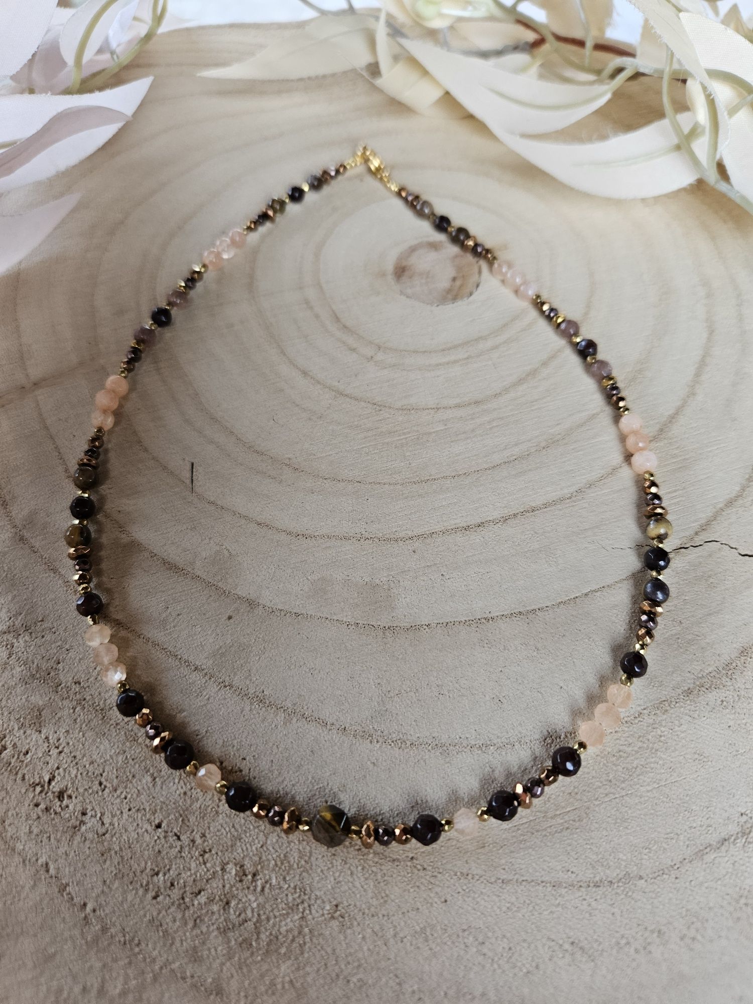 Naszyjnik Choker kamienie naturalne Tygrysie oko Jadeit Agat Hematyt