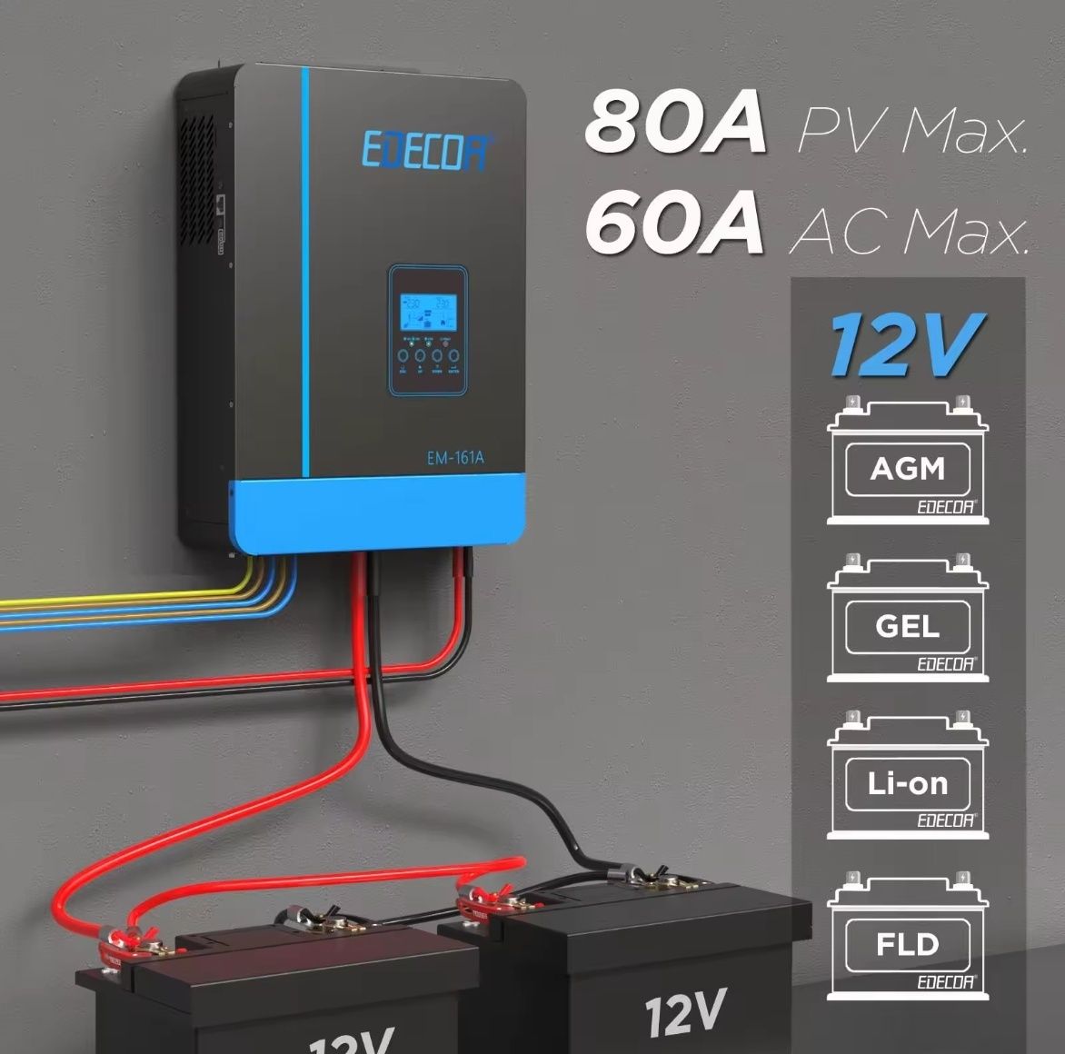 Інвертор гібридний сонячний 1800W 12V чиста синусоїда 80A MPPT LiFePo4