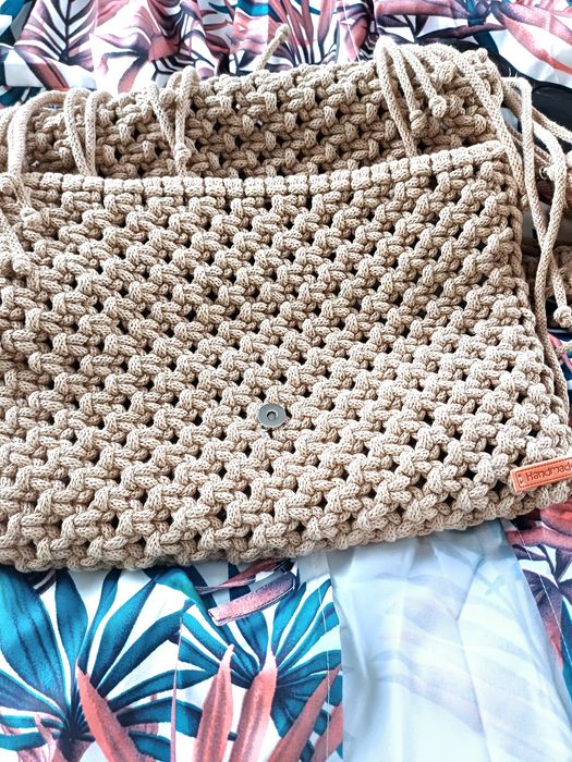 Torebka z makramy, handmade, kolor jasny beż