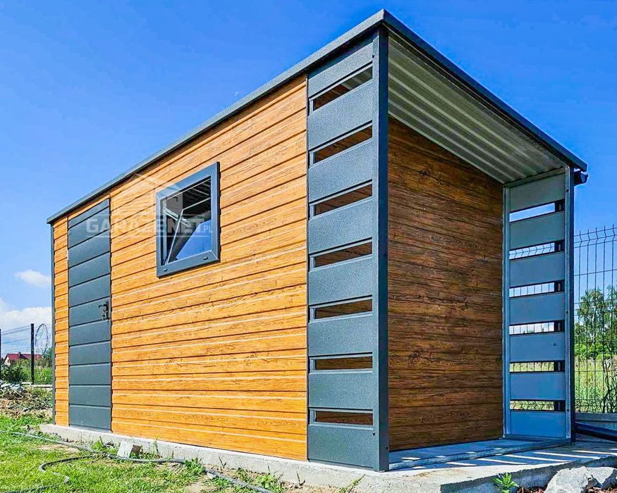SCHOWEK DOMEK OGRODOWY 4X2 + Wiata 0,5M Drzwi Okno Jasny Orzech TS745
