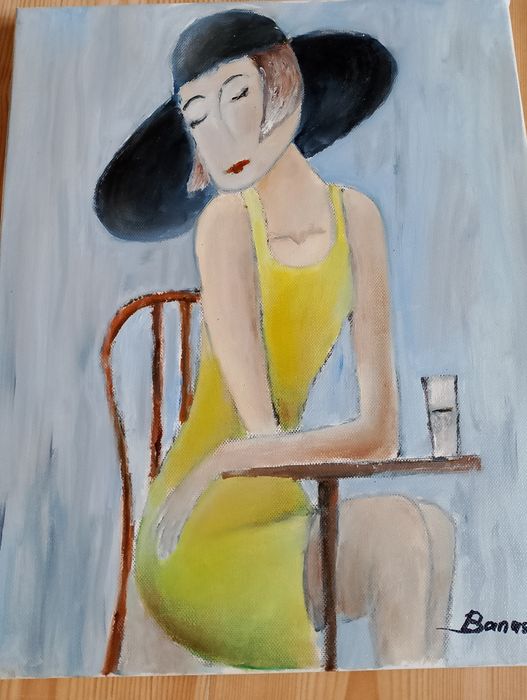 Kobieta przy stoliku obraz rękodzieła 41/33 cm