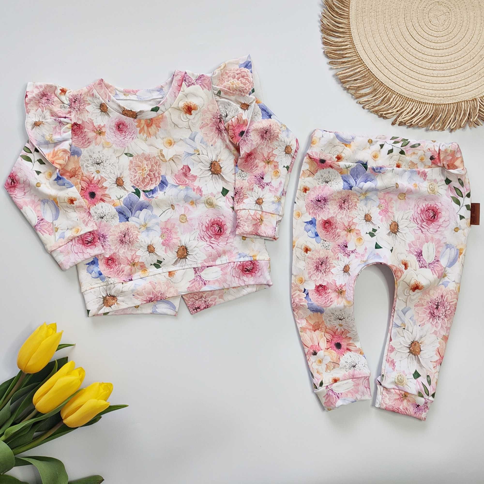Bawełniany KOMPLET dziewczęcy w kwiaty, zestaw dres, bluza spodnie 92