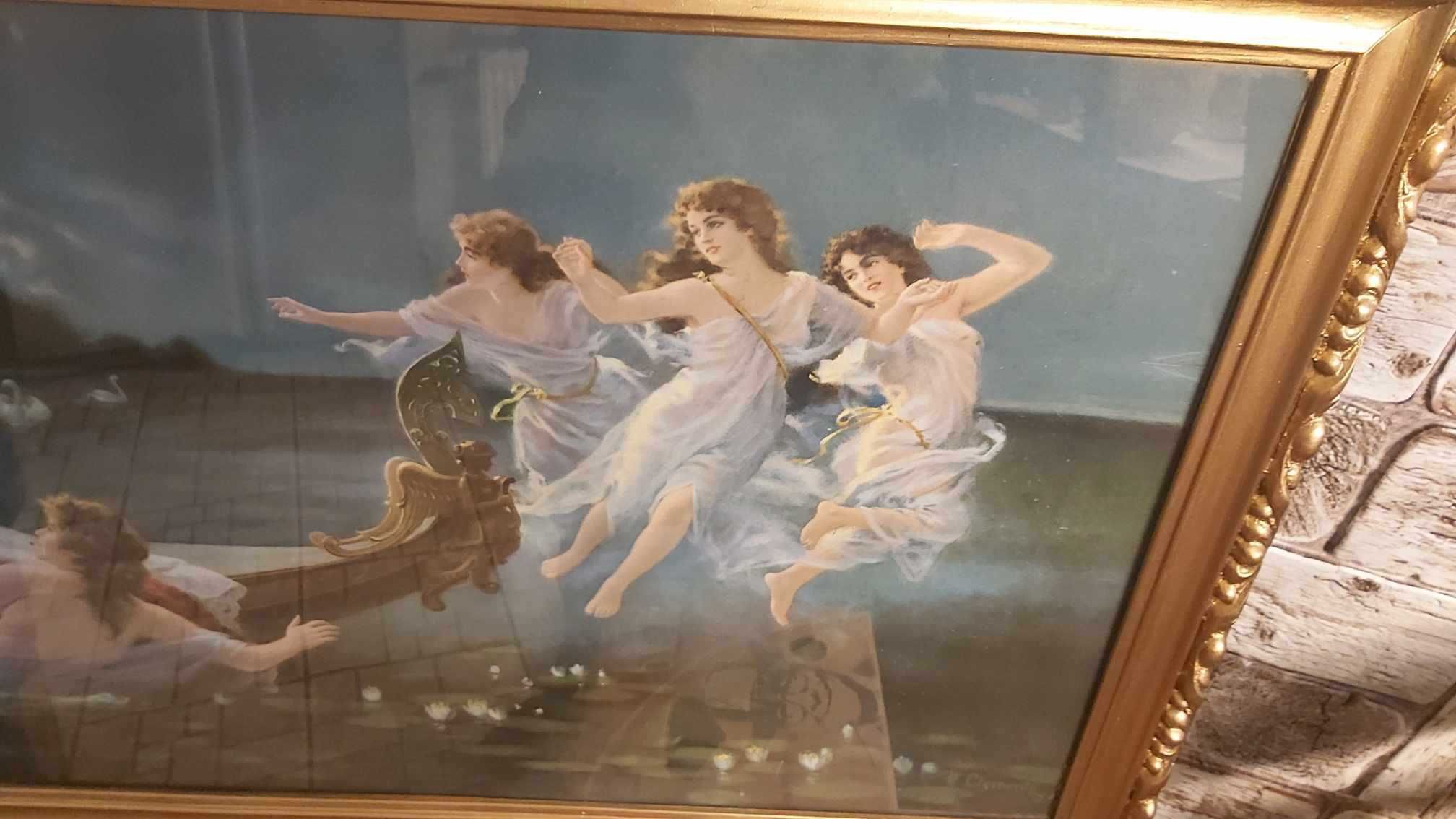 Wielki obraz  "Noc w Wenecji" Łódź Nimf H. Clemensa w drewnianej ramie