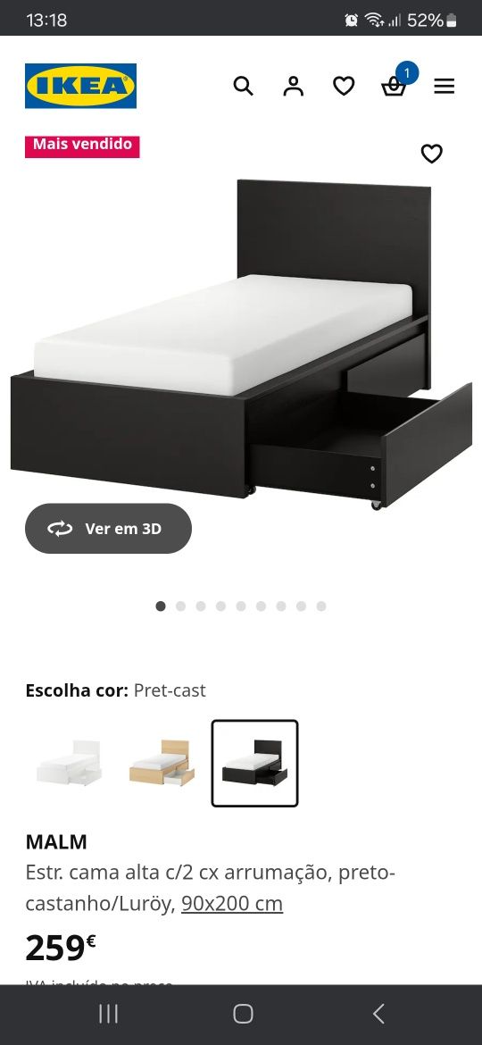 Cama Malm Com 2 gavetas e estrado incluído.