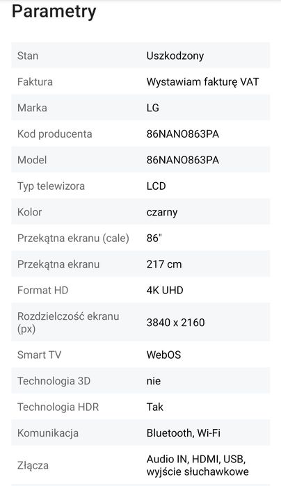 LG 86NANO863PA NanoCell TV 4K telewizor 86 cali MOŻLIWOŚĆ WYSYŁKI