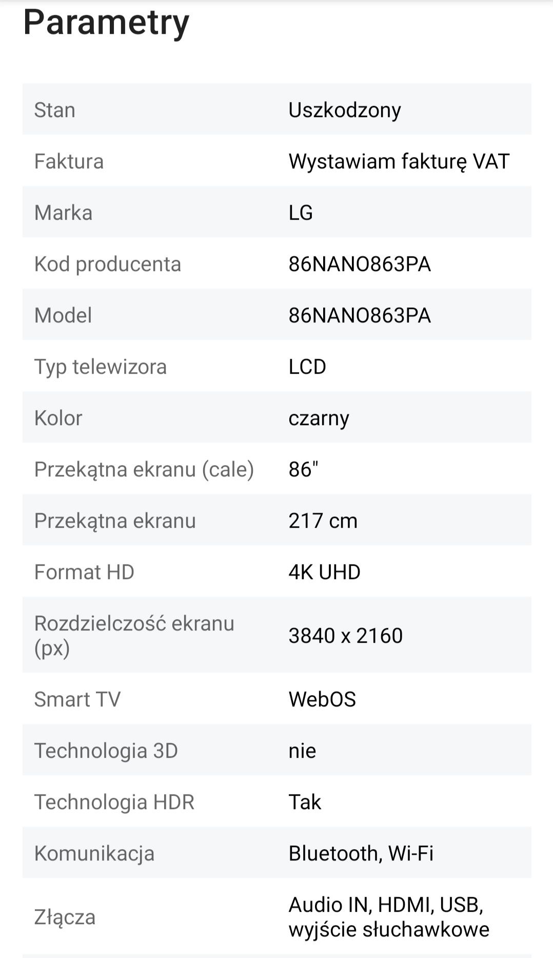 LG 86NANO863PA NanoCell TV 4K telewizor 86 cali MOŻLIWOŚĆ WYSYŁKI
