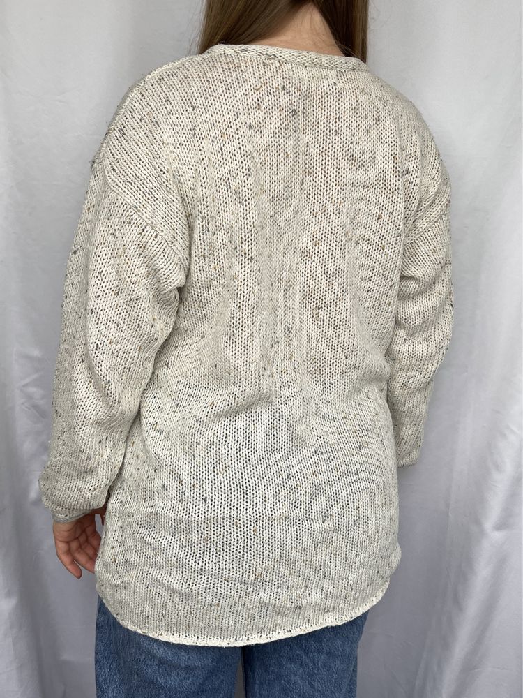 Beżowy sweter z ażurowym splotem haftowane kwiaty debbie morgan S