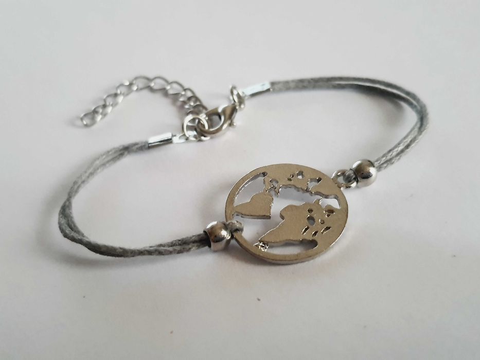 Bransoletka Stal Chirurgiczna Na Sznurku Srebrna Kula Ziemska
