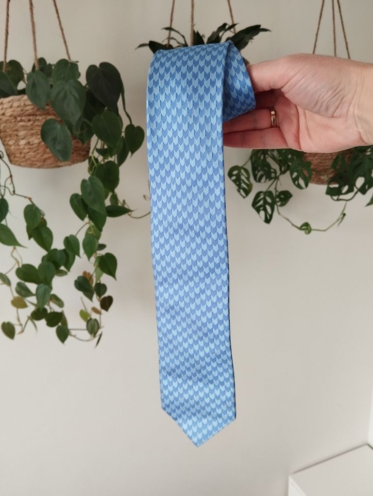 Męski jedwabny krawat 100% silk we wzorki, niebieski, 7,5 cm,