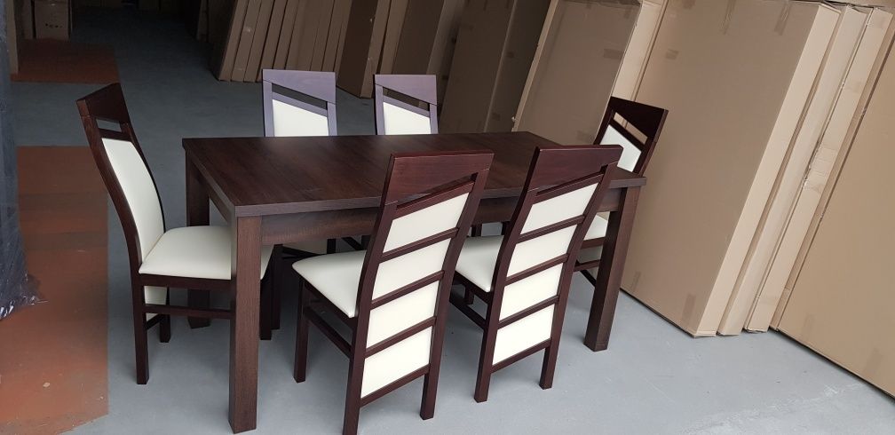 Nowe : Stół 80x160/200 + 6 krzeseł,  orzech i biały,  dostawa PL
