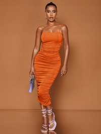 Sukienka Sexy Marszczona Ołówkowa Na Jedno Ramię Pomarańczowa Shein M