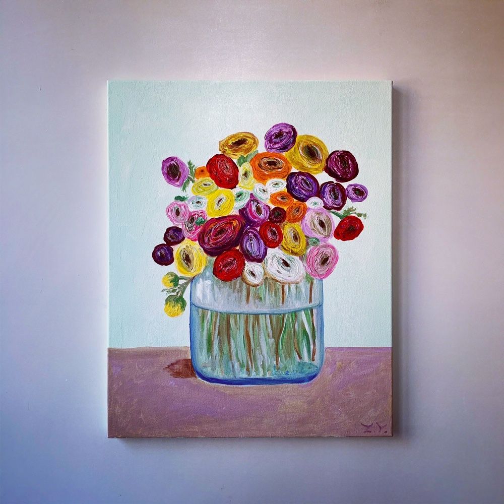Картина «Ранункулюсы», холст, акрил, цветы, букет, интерьер, ваза.