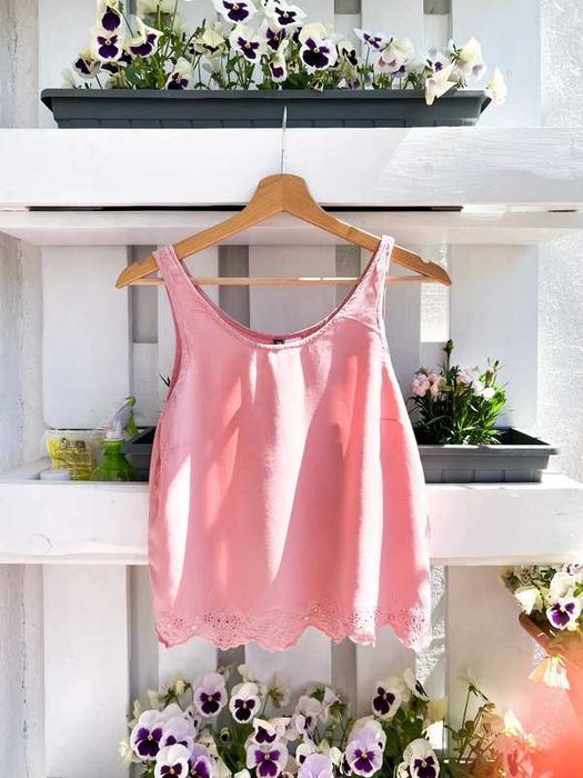 Wiskozowy koralowy różowy krótki top crop top z ażurowym dołem H&M 38
