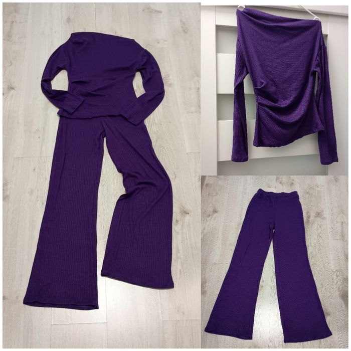 Zestaw dzianina prążek komplet bluzka + spodnie fiolet