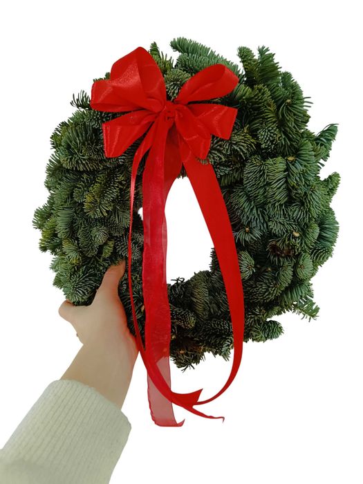 Wianek na drzwi, żywy 45 cm z kokardą, jodła nobilis