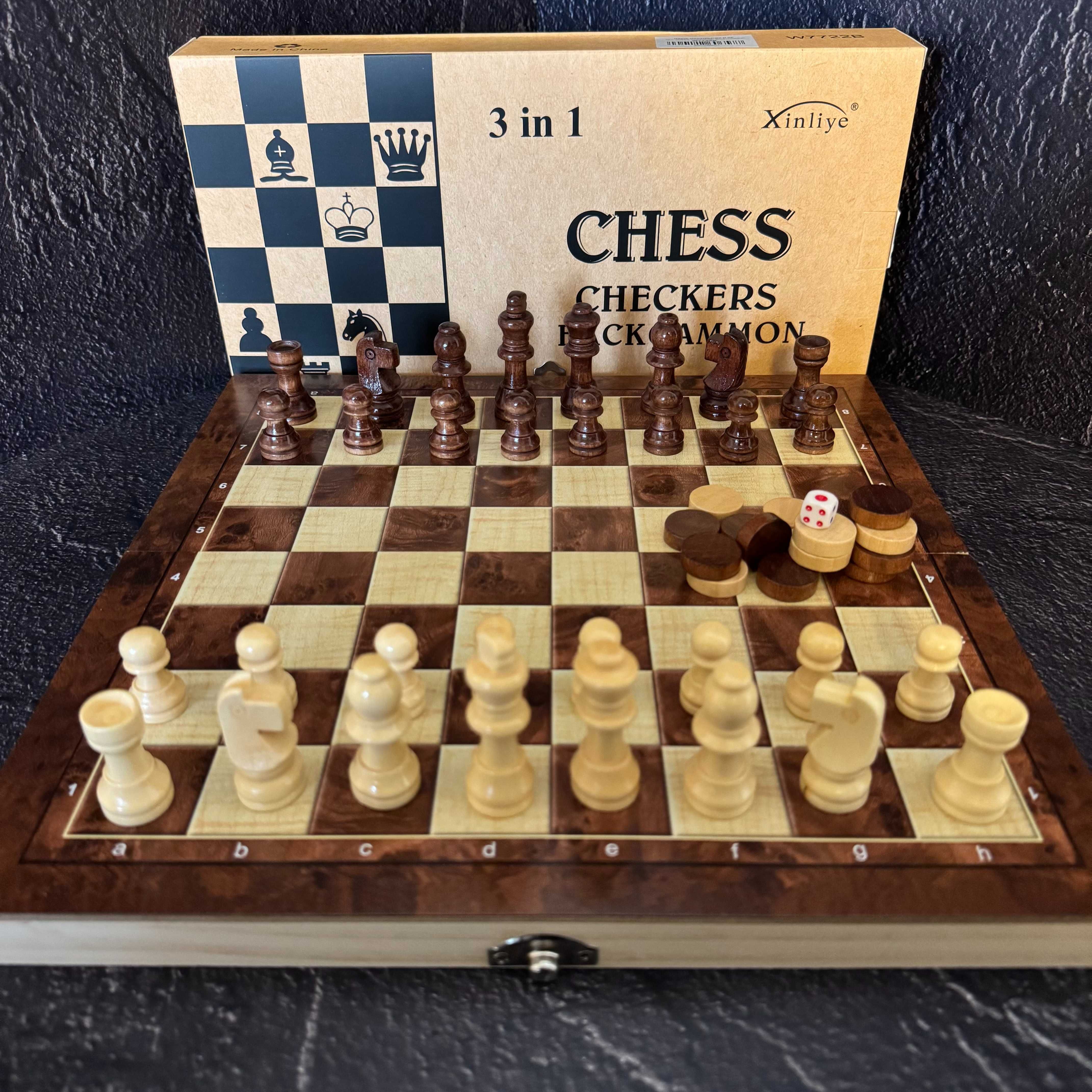 Комплект шахматы, шашки, нарды 3 в 1 деревянные W7722 (доска 29x29 см)