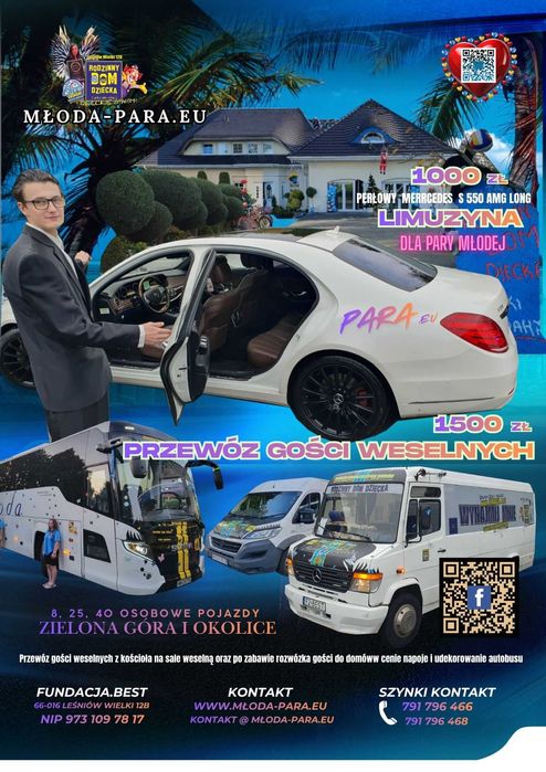 Limuzyna na ślub z kierowcą, autobus dla gości weselnych, Zielona Góra