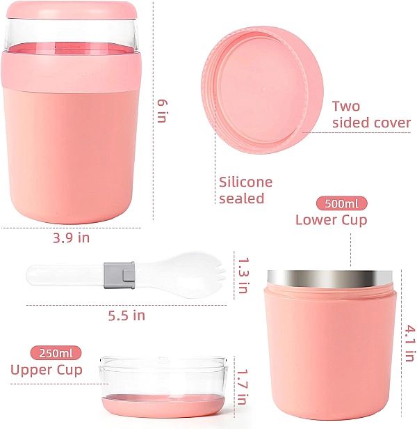 Kubek na lunc, musli izolowany kubek na jogurt z łyżką do pracy 750 ml