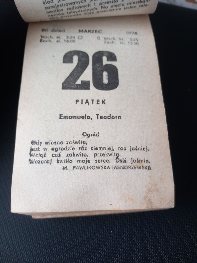 Kalendarz zdzierak PRL 1976 rok Kolekcjonerski  kartkowy z datą