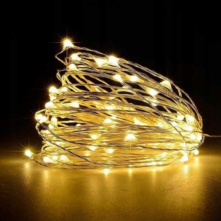 LAMPKI DRUCIKI 100 LED Na Baterie BIAŁY CIEPŁY Drucik 10M Girlanda