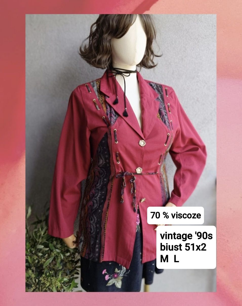 Żakiet bluzka vintage M L biust 51x2 burgund awangarda '90s