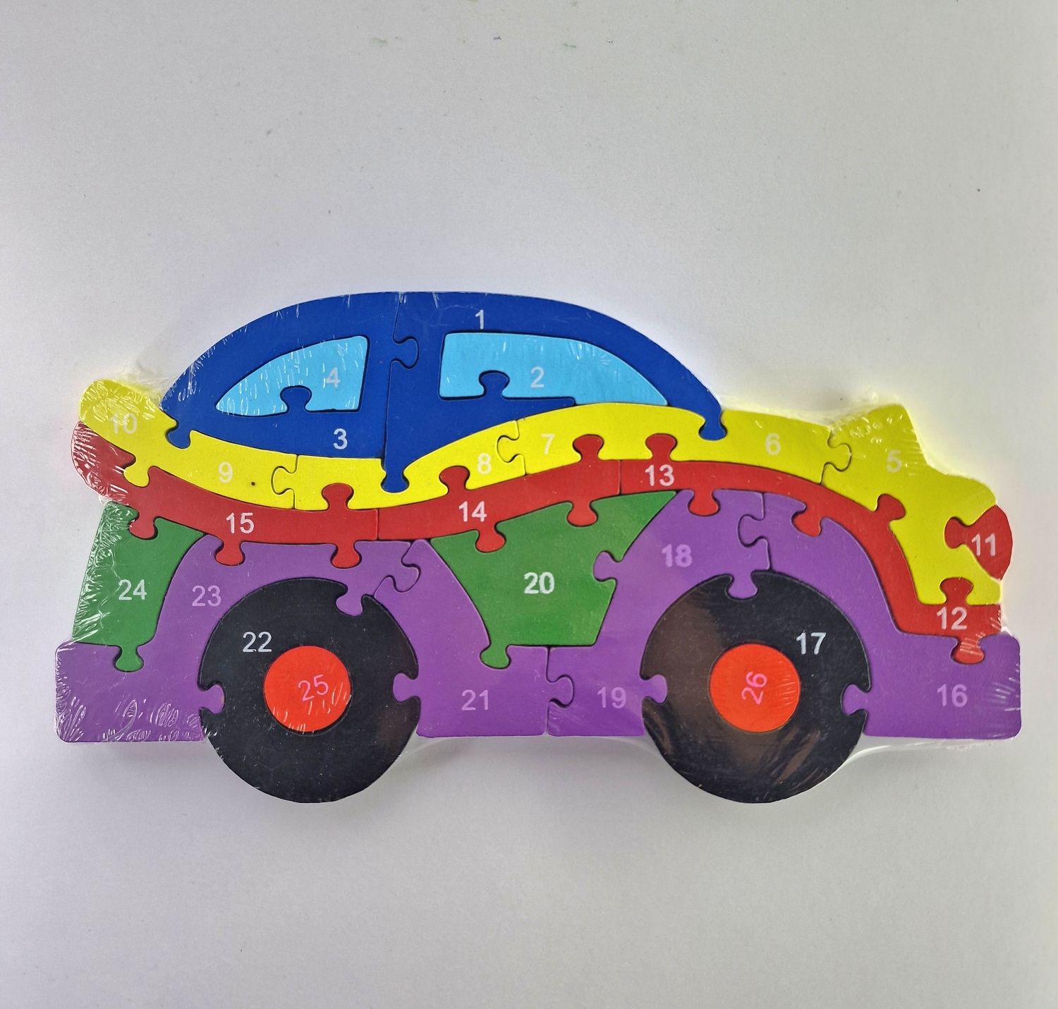 Auto samochód puzzle drewniane literki cyferki kolory zabawka