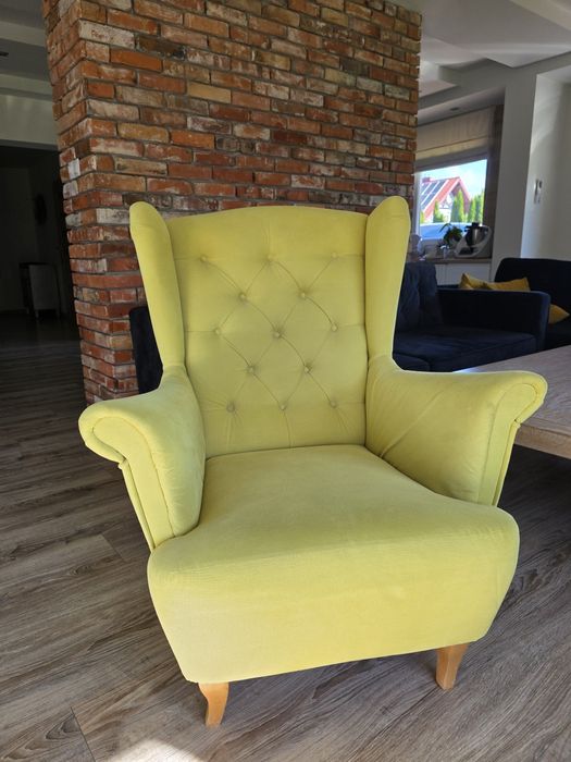 Fotel uszak żółty pikowany glamour vintage BRW