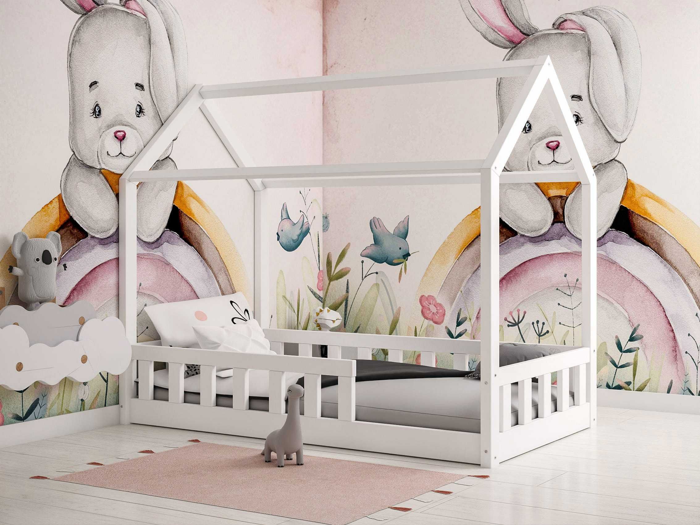 Łóżko dziecięce domek drewniane z barierkami LUNA białe dla dzieci