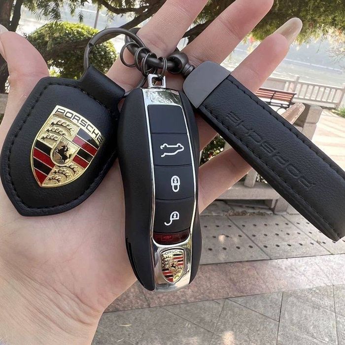 Брендовый чехол для ключей Porsche, бордовый кожаный брелок