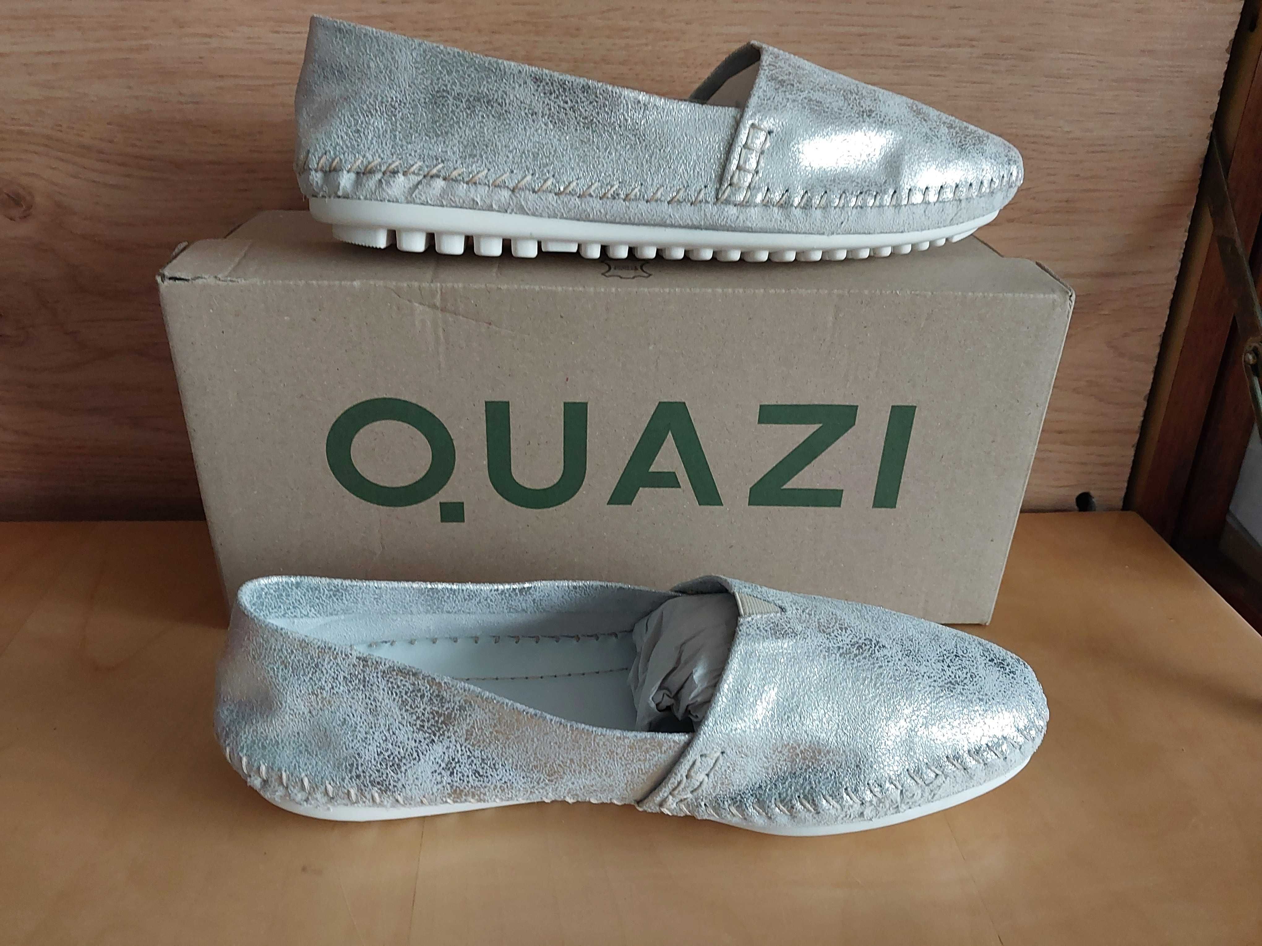 Buty skórzane srebrne, mokasyny QUAZI rozm.38 dł. wkładki 24 cm. NOWE