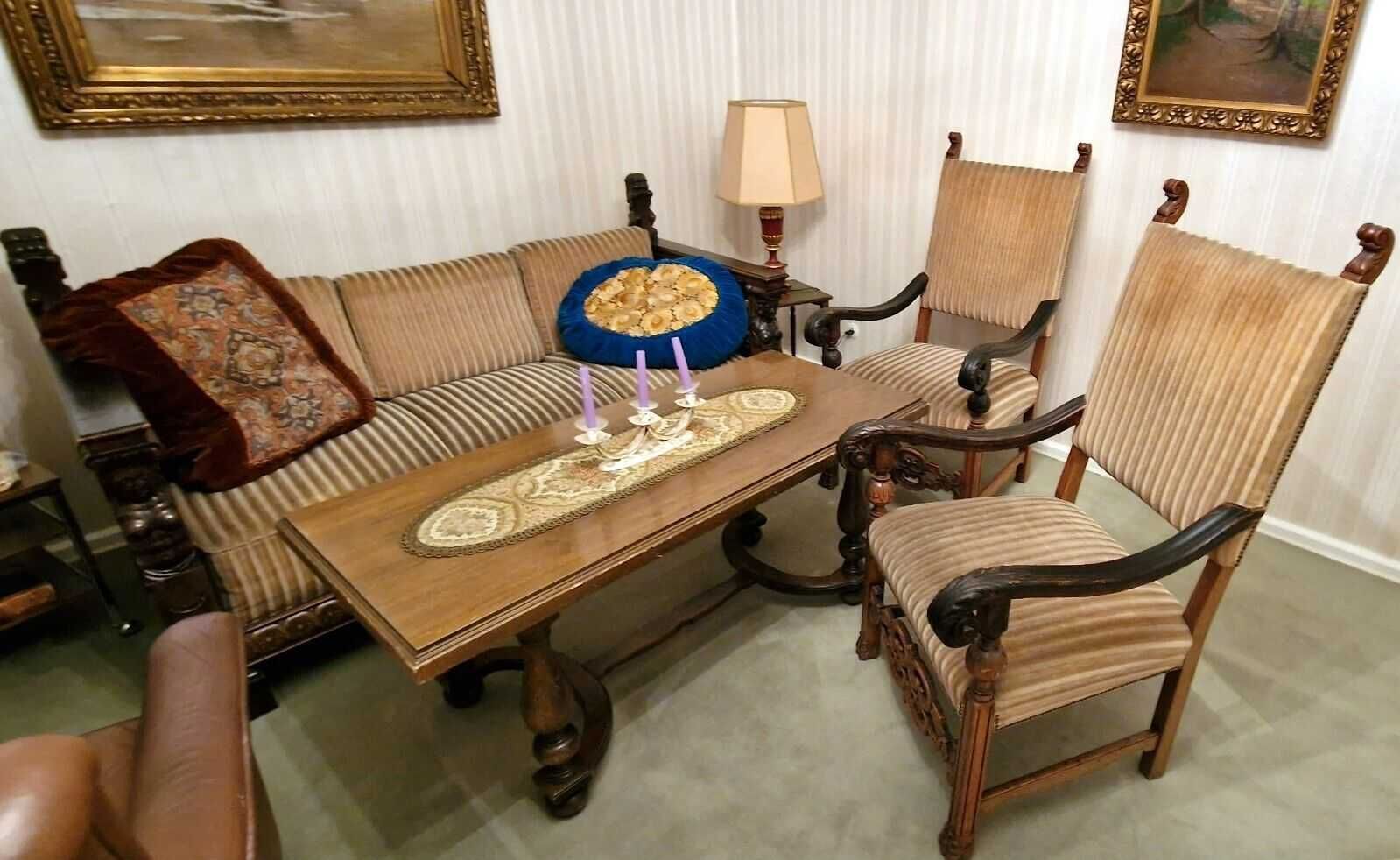 Sofa Kanapa Antyczna Pałacowa Empire + 2 Fotele + ława stół Vintage