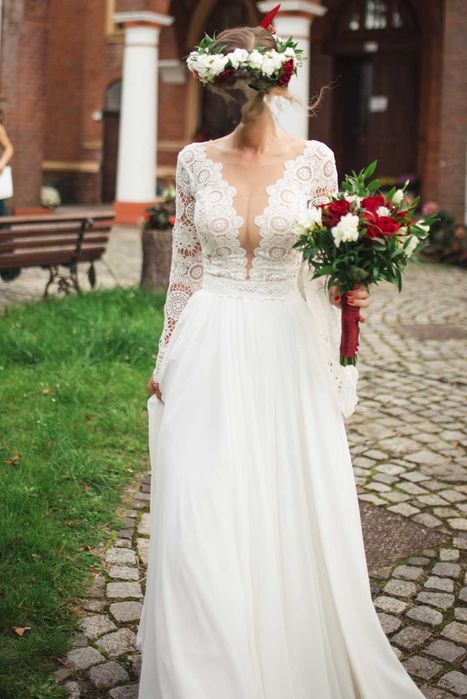 Suknia ślubna BOHO rozmiar XS-S piękna długa muślinowa koronka