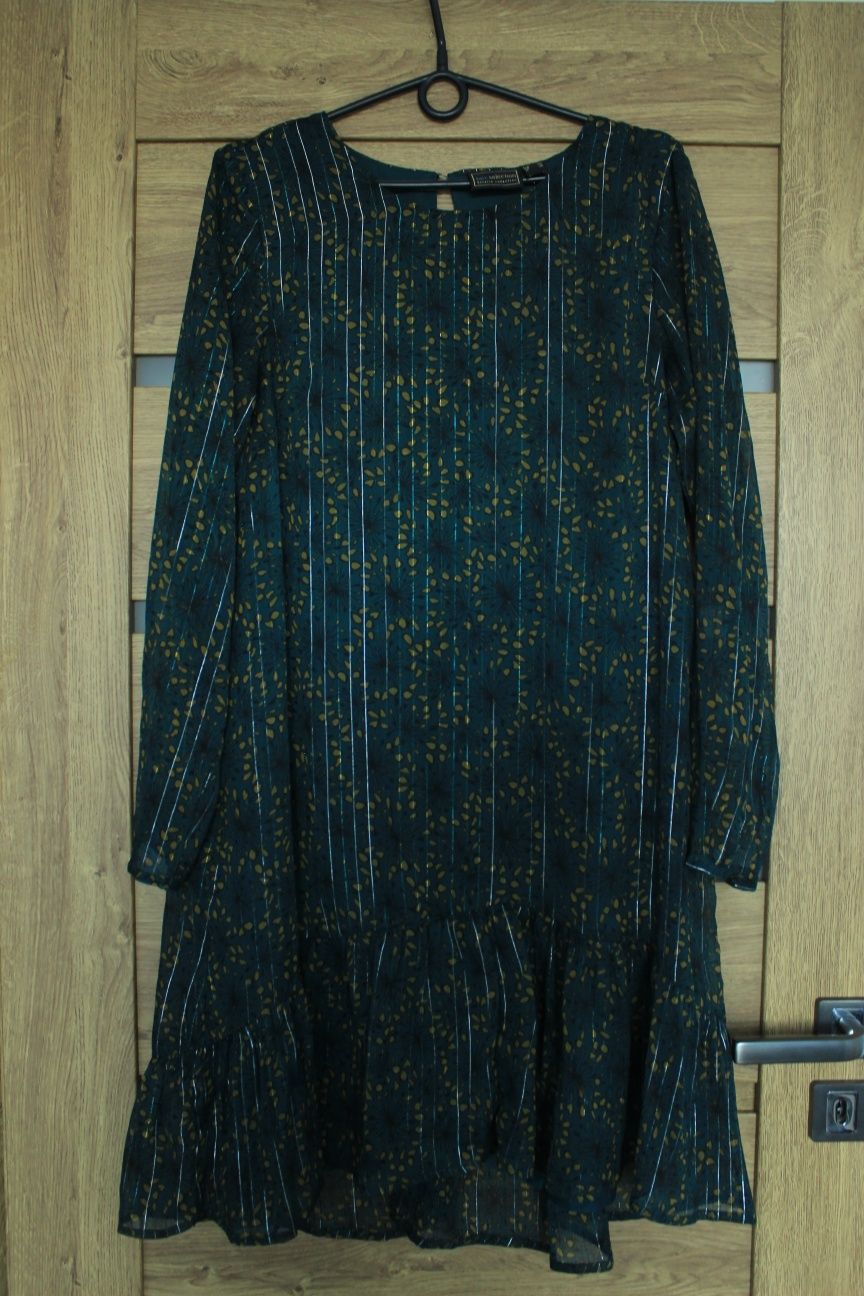 Zielona luźna sukienka ze złotymi wstawkami r. 40