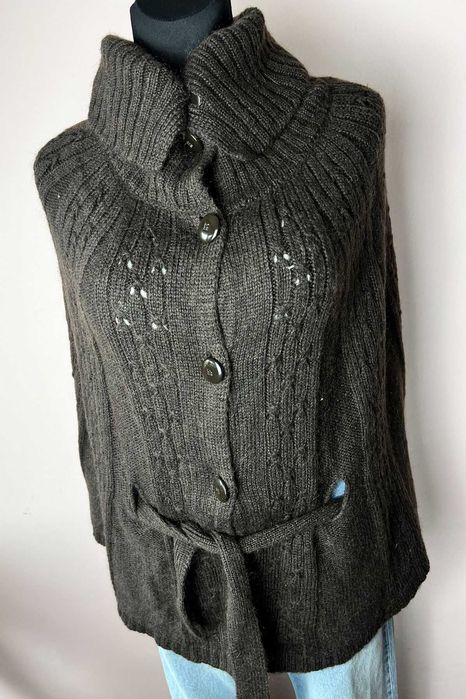 Benetton Stile brązowe ponczo poncho narzutka z wełną guziki