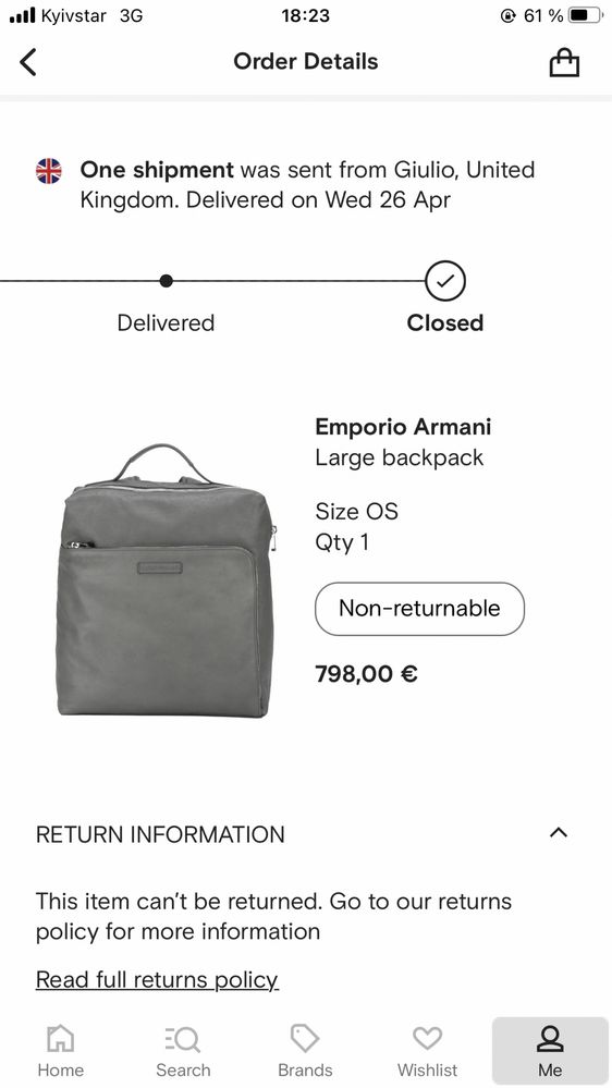 Чоловічий сірий рюкзак із  натуральної шкіри Emporio Armani оригінал