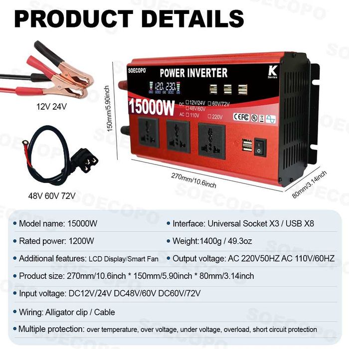 Inversor 
C12V 24V D60V 72V
D48V /6OV
AC D 10V D20V 
15000W: