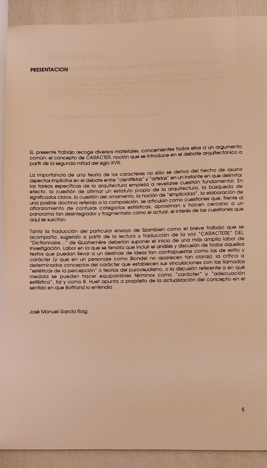 Del caracter en arquitetura ,  José Manuel García Roig