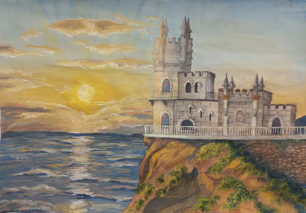 Картина  "Ласточкино Гнездо" гуашью, форматом А4 с рамой со стеклом