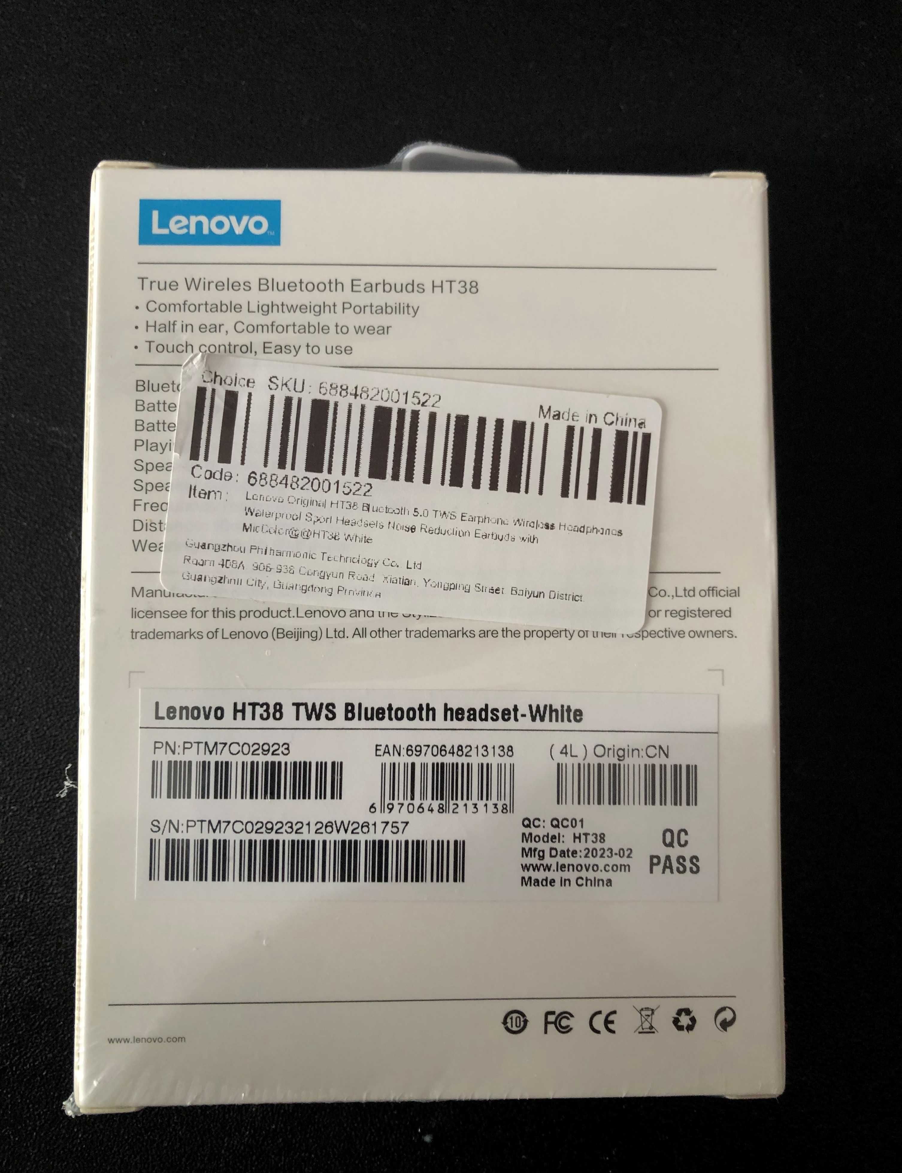 Nowe Białe Słuchawki Bezprzewodowe Lenovo HT38