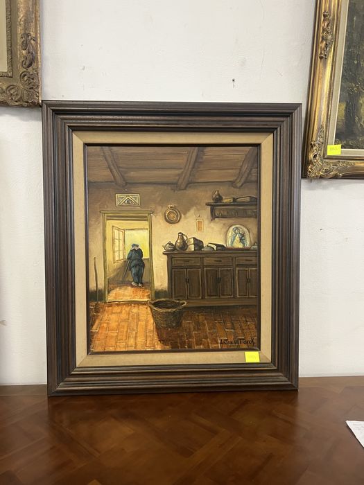 Obraz olejny wiejskie wnętrze/Rustykalny klimat/sygnowany