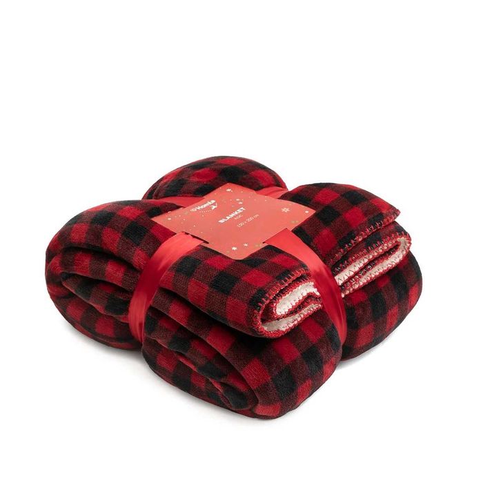 Koc świąteczny AMERI w kratę z szerpą czerwony 150x200