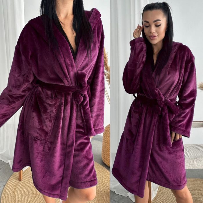 Женский махровый халат Теплый зимний с капюшоном/поясом 42-52 фреза