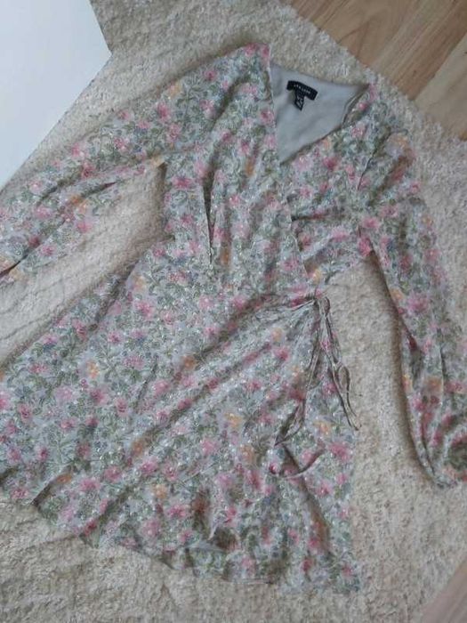Piękna kobieca suknia Szara różowe kwiaty floral print New Look L 40