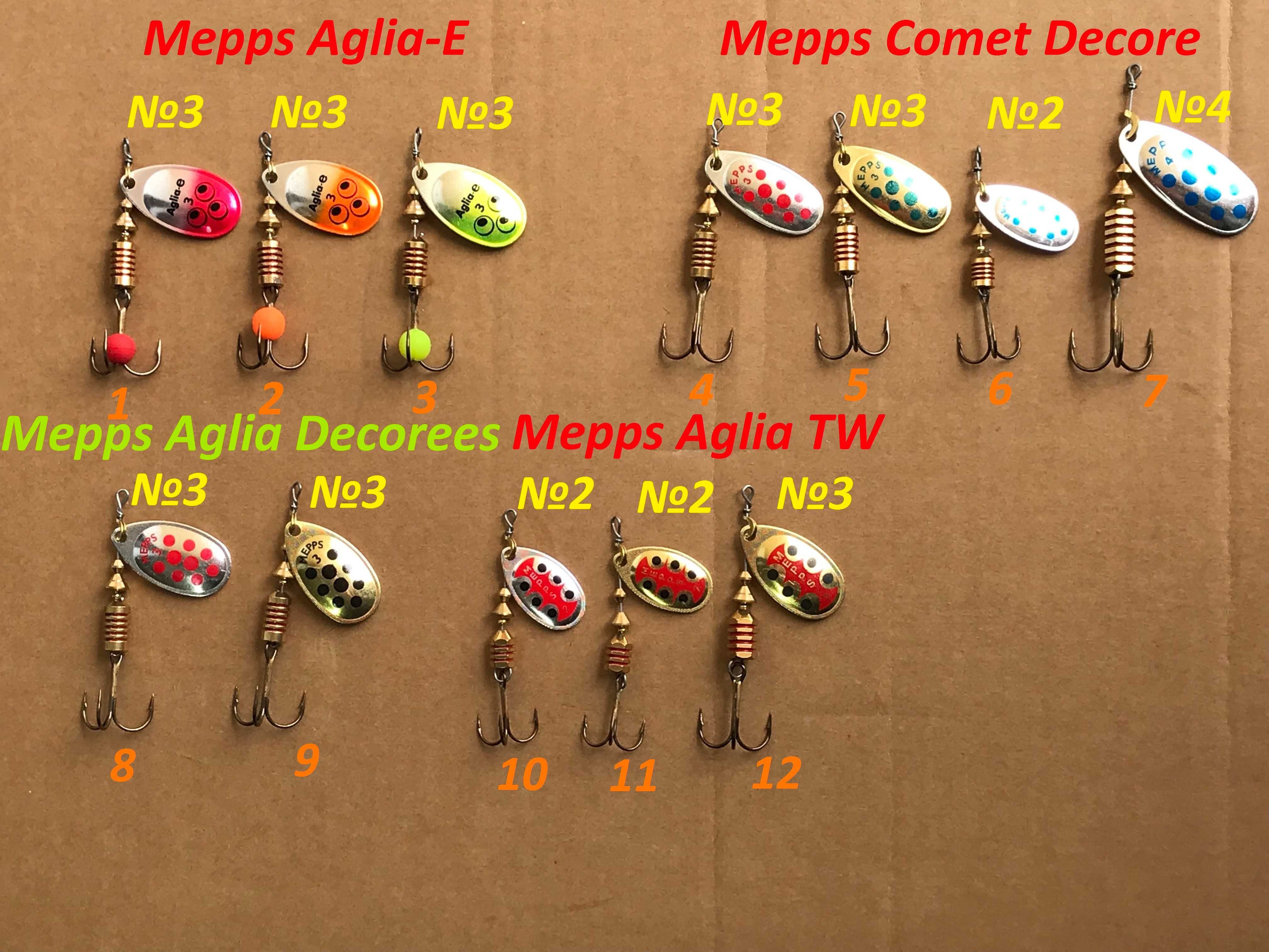 Mepps Aglia Fluo, Long, Comet Decore, Decorees, Black Fury, Syclops