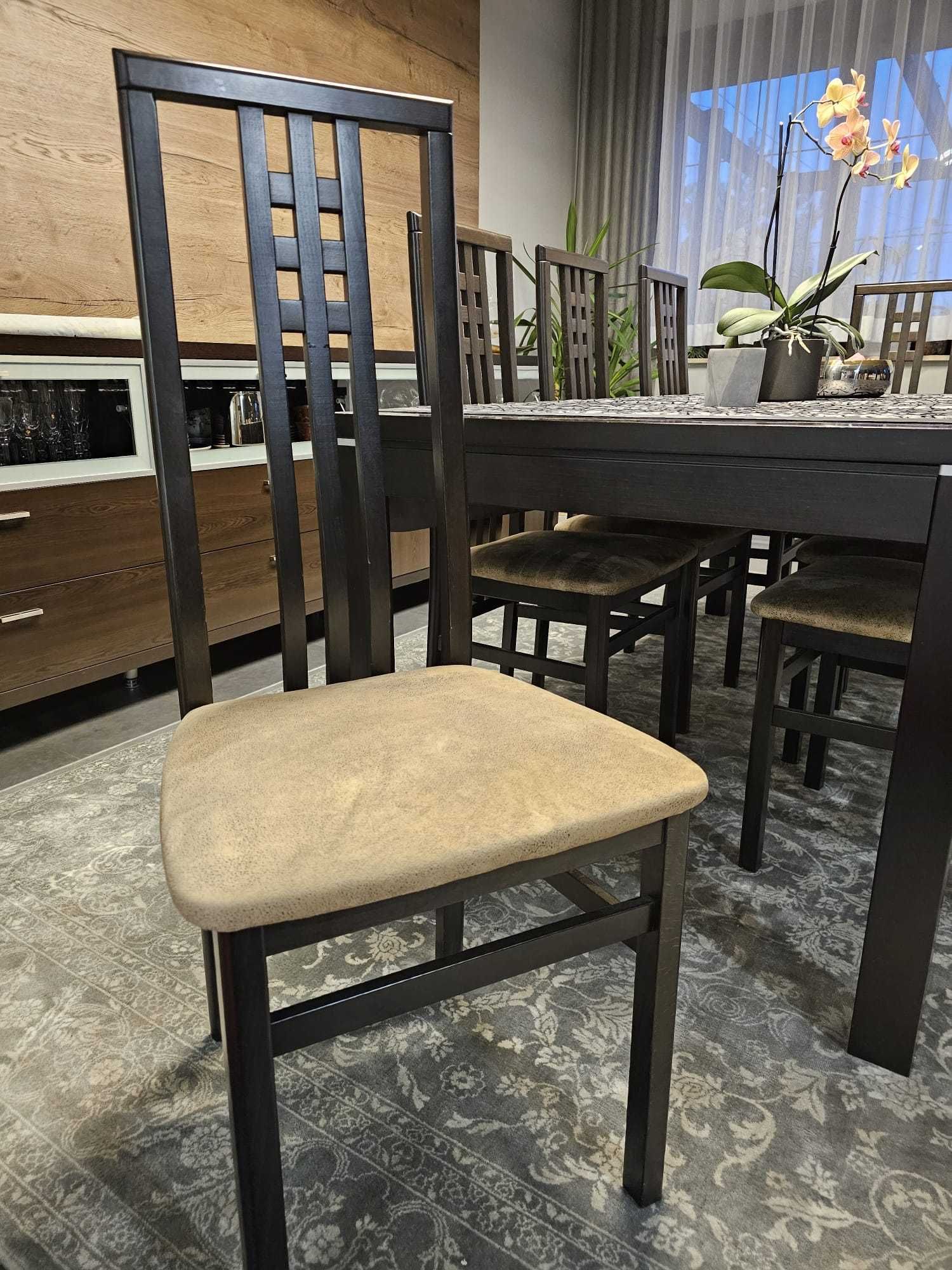 Meble z DREWNA DĘBOWEGO Stół  z metalową wstawką, krzesła + 3 KOMODY