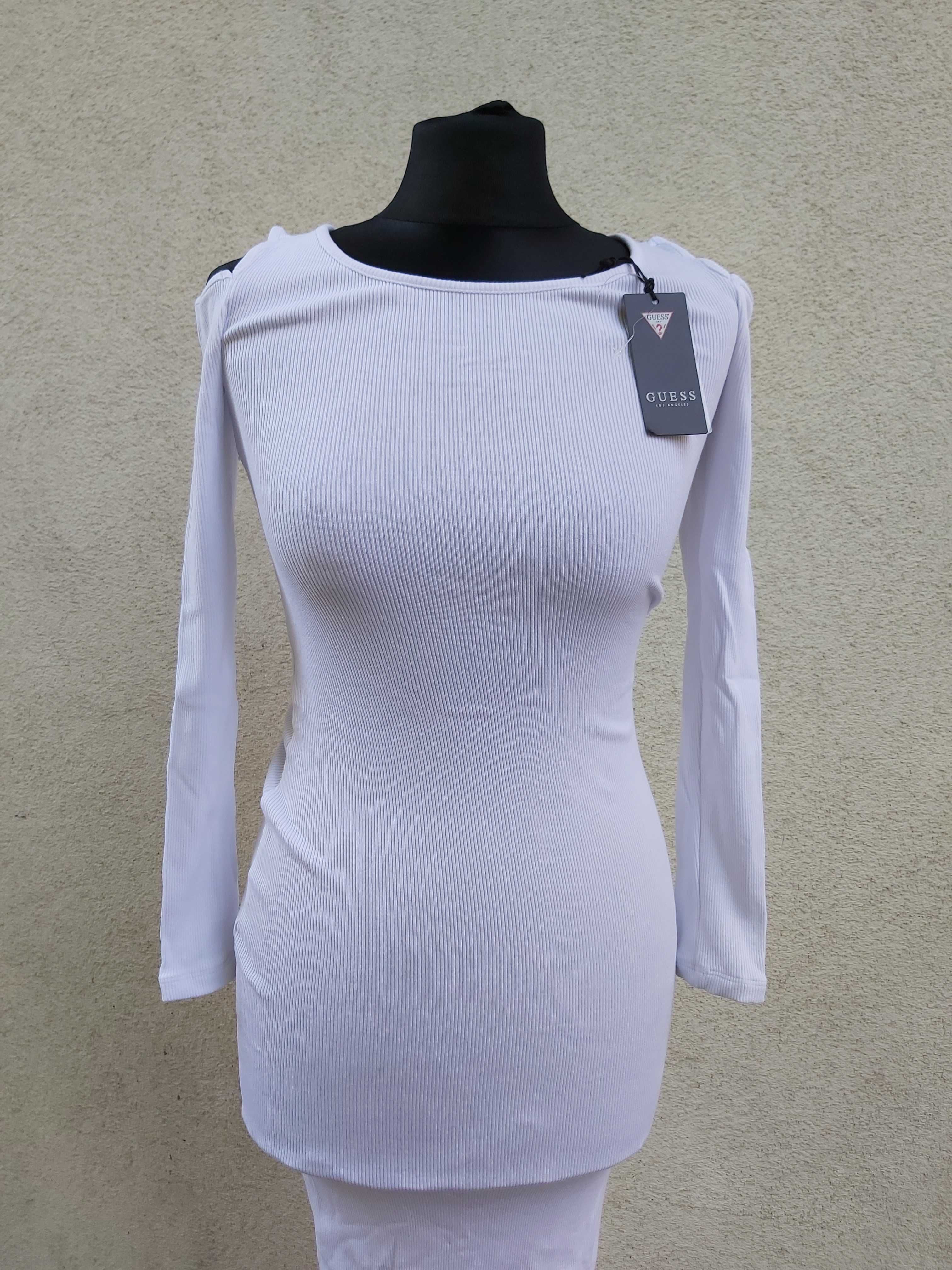 Nowa  sukienka obcisłe GUESS biała logo rękawy open shoulders wada 32