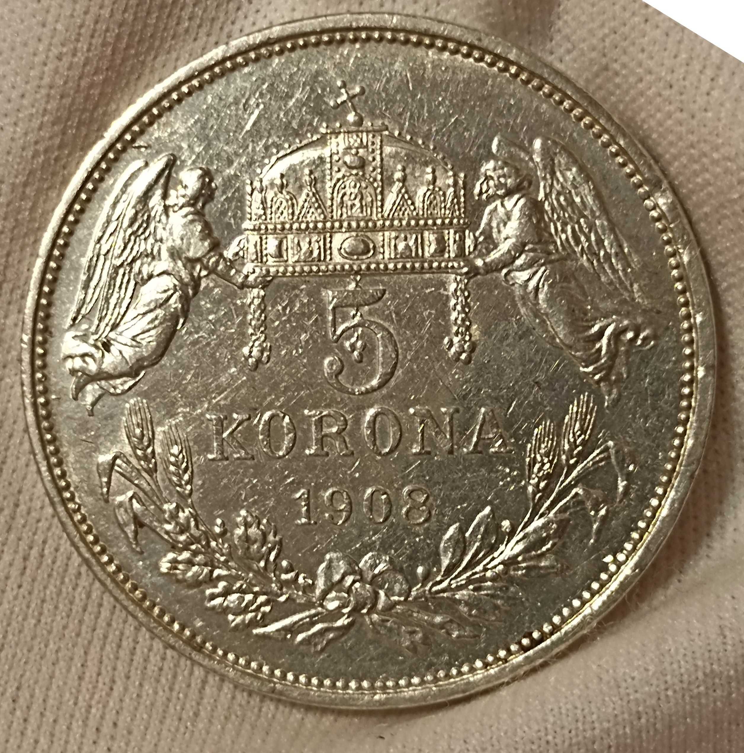 Большая серебряная монета 5 крон 1908 Ангелы - Венгерский тип 5 корон