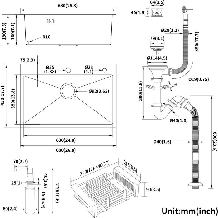 Zlew Lonheo 68x45cm zlewozmywak XL z ociekaczem i dozownikiem czarny